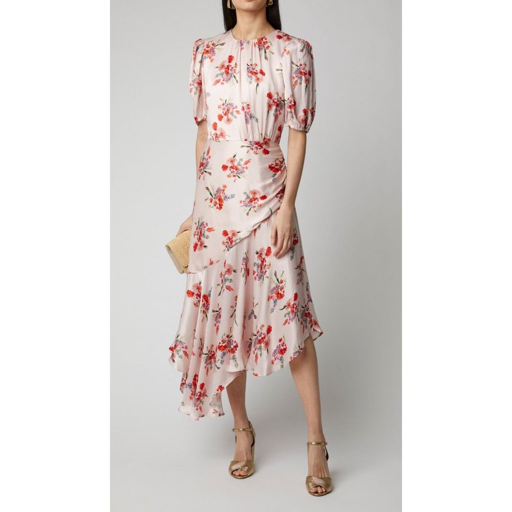 AMUR Bettina Satin Floral Asymmetric Midi Dress - Size 4